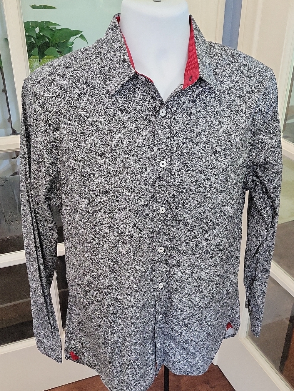 NICK GRAHAM Black White Paisley Long-Sleeve Button-Up Shirt | Size: M-L